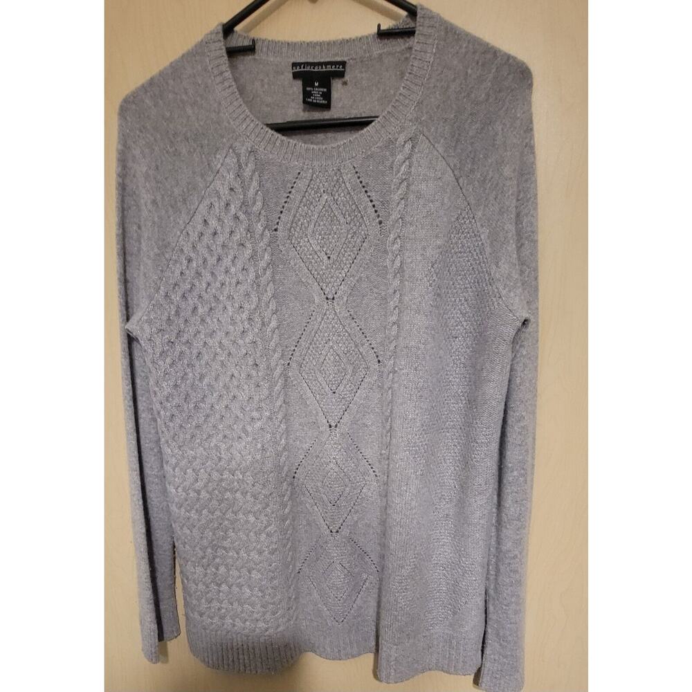Sofia Cashmere 100% Cashmere Gray Medium Pullover Sweater Cable Knit Warm Cozy